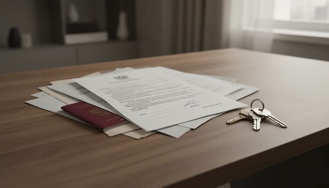 Утерянные документы на квартиру на столе — договор купли-продажи, ключи и бумаги на недвижимость, концепция восстановления прав собственности